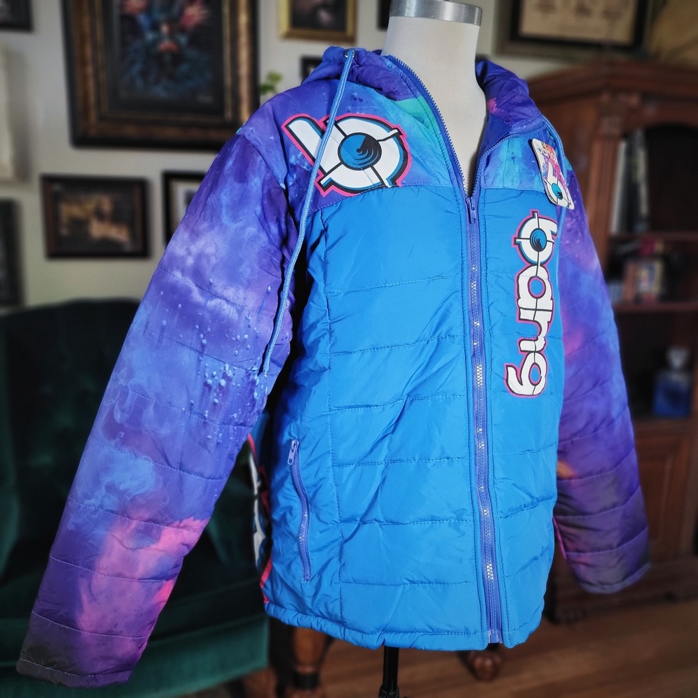 Bang Unisex Puffer Jacket NWT Blue Purple Colorblock Hooded Graphic Large